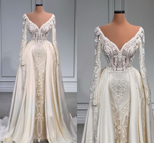 2023 elegant mermaid wedding dresses bridal gown long sleeves v neck lace applique beach overskirt satin sweep train custom made vestidos de, White
2023 elegant mermaid wedding dresses bridal gown long sleeves v neck lace applique beach overskirt satin sweep train custom made vestidos de, White