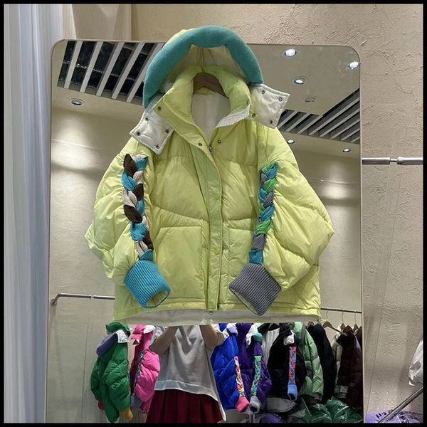2022 down jacket women's short knitted hooded splicing sleeve korean candy color off-season clearance design coat, Black
2022 down jacket women's short knitted hooded splicing sleeve korean candy color off-season clearance design coat, Black