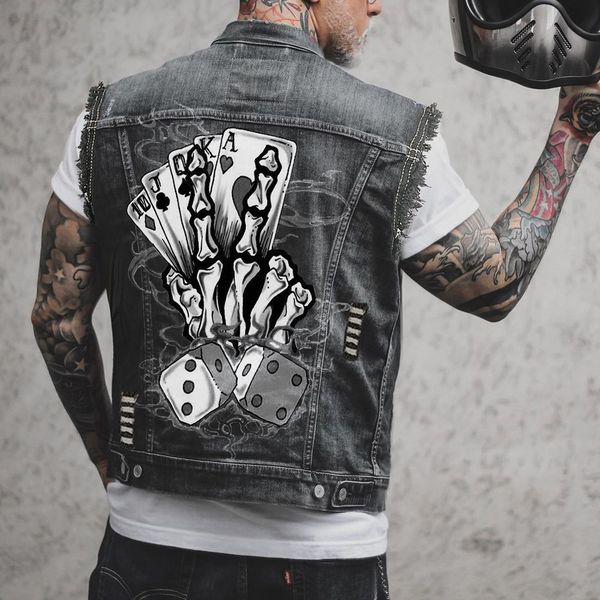 men's autumn new denim vest outside wearing street fashion punk personality playing cards pattern print vintage hole washed sleeveless, Black;white
men's autumn new denim vest outside wearing street fashion punk personality playing cards pattern print vintage hole washed sleeveless, Black;white