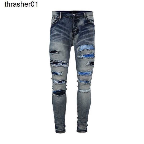 new men's designer amirs jeans light color pierced casual side silver line slim fashion streetwear jeans, Blue
new men's designer amirs jeans light color pierced casual side silver line slim fashion streetwear jeans, Blue