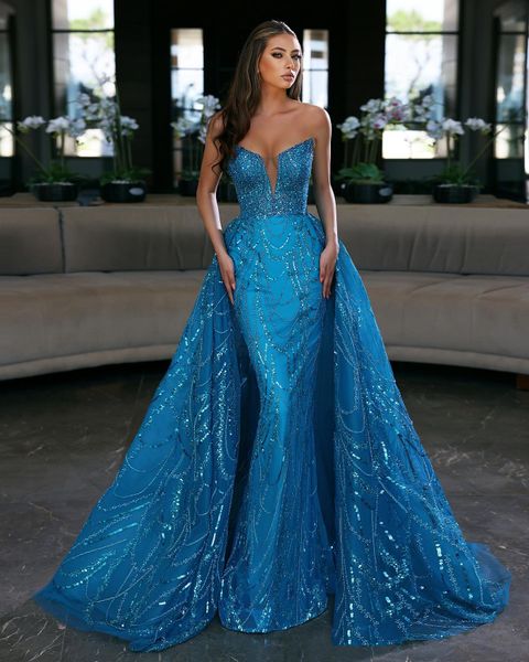 2023 arabic blue mermaid prom dresses with detachable train beaded sequined lace evening formal party second reception gowns, Black
2023 arabic blue mermaid prom dresses with detachable train beaded sequined lace evening formal party second reception gowns, Black