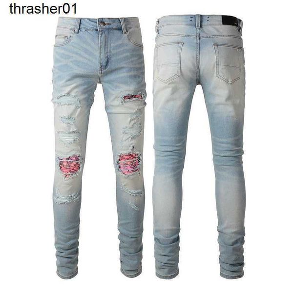 new designer amirs jeans men's fashion brand cashew flower light perforated patch pants slim fit streetwear pants, Blue
new designer amirs jeans men's fashion brand cashew flower light perforated patch pants slim fit streetwear pants, Blue