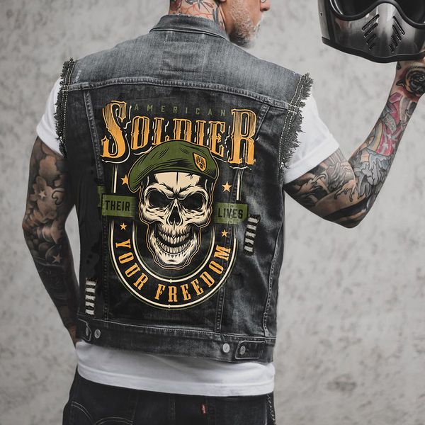 men's spring and autumn new street rock motorcycle personality print ripped hole raw edge sleeveless vest denim jacket, Black;white
men's spring and autumn new street rock motorcycle personality print ripped hole raw edge sleeveless vest denim jacket, Black;white
