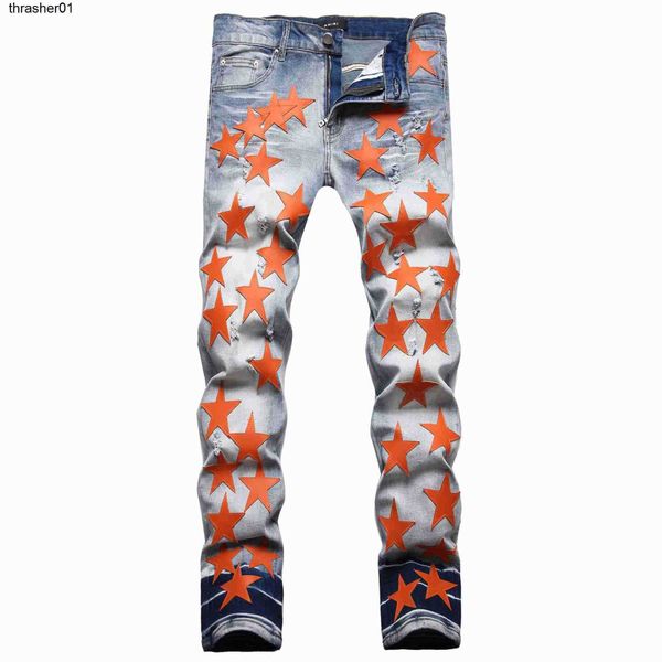 designer fashion amirs brand slim elastic embroidery five pointed star men's torn fashion streetwear jeans, Blue
designer fashion amirs brand slim elastic embroidery five pointed star men's torn fashion streetwear jeans, Blue