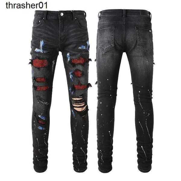 men's designer fashion brand jeans amirs winter black hole patch red diamond elastic streetwear pants, Blue
men's designer fashion brand jeans amirs winter black hole patch red diamond elastic streetwear pants, Blue