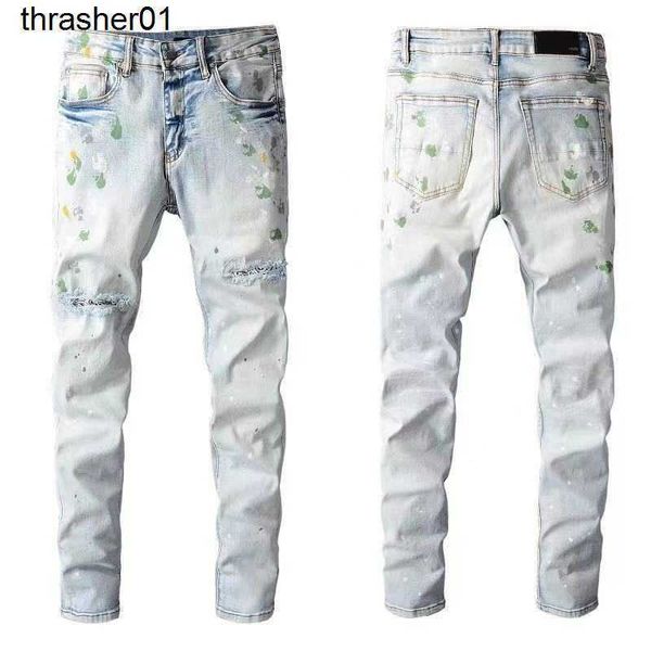 men's designer amirs new thin denim elastic leisure sports paint hole fashion brand streetwear jeans, Blue
men's designer amirs new thin denim elastic leisure sports paint hole fashion brand streetwear jeans, Blue