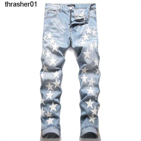 men's designer amirs new slim fit elastic jeans men's embroidered five pointed star hole denim fashion streetwear pants, Blue
men's designer amirs new slim fit elastic jeans men's embroidered five pointed star hole denim fashion streetwear pants, Blue
