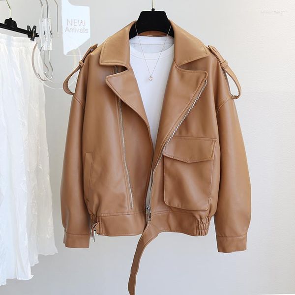 women's leather spring autumn pu faux jacket women loose causal moto biker coats female zipper brown oversized outwear, Black
women's leather spring autumn pu faux jacket women loose causal moto biker coats female zipper brown oversized outwear, Black