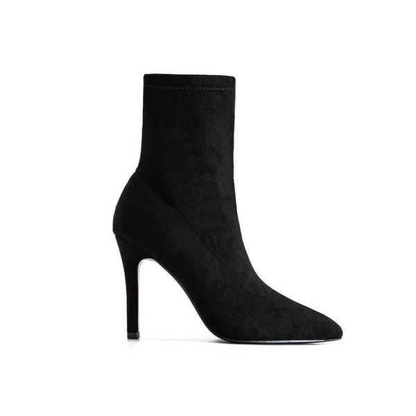 boots net red low barrel 2022 new korean winter fine heel suede high socks boots pointed elastic women's thin short, Black