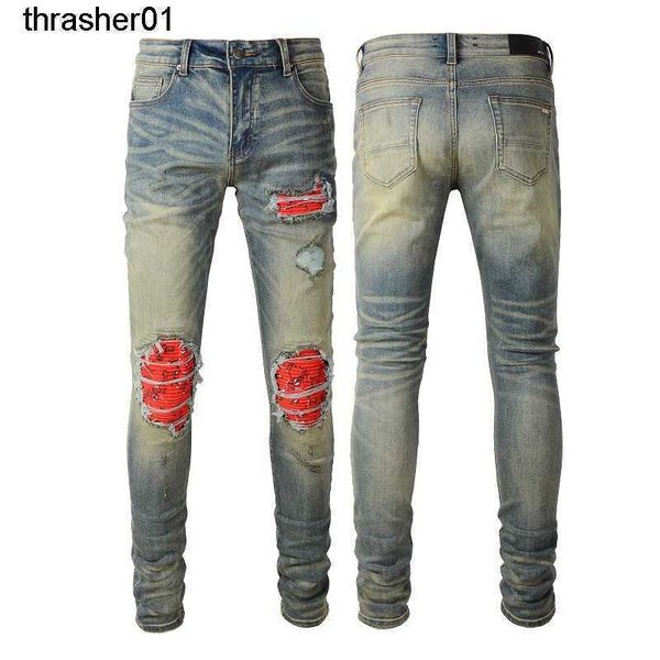 new men's designer amirs pleated color matching jeans ripped jeans cashew flower slim fit men's streetwear pants, Blue
new men's designer amirs pleated color matching jeans ripped jeans cashew flower slim fit men's streetwear pants, Blue