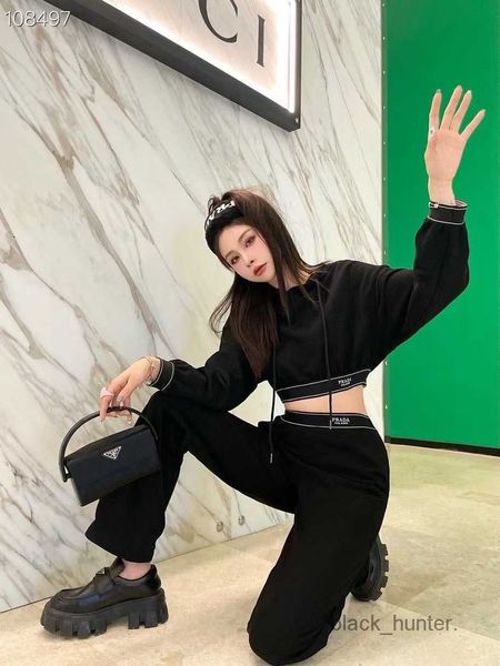 women's down prads designer autumn new fashion casual classic triangle short hooded sweater straight wide leg pants suit, Black
women's down prads designer autumn new fashion casual classic triangle short hooded sweater straight wide leg pants suit, Black
