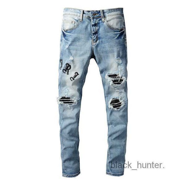men's jeans amirs designer fashion brand pierced jeans personality leather embroidery patch slim fitting small leg jeans, Blue
men's jeans amirs designer fashion brand pierced jeans personality leather embroidery patch slim fitting small leg jeans, Blue