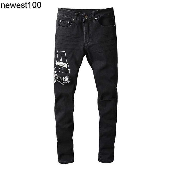 men's jeans fashion designer brand amirs embroidery hole patch jeans personality trend elastic leggings, Blue
men's jeans fashion designer brand amirs embroidery hole patch jeans personality trend elastic leggings, Blue