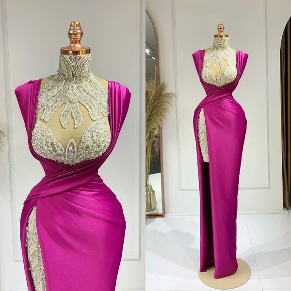 2023 arabic mermaid split prom dresses fuchsia beaded sequined high neck evening formal party second reception gowns, Black
2023 arabic mermaid split prom dresses fuchsia beaded sequined high neck evening formal party second reception gowns, Black