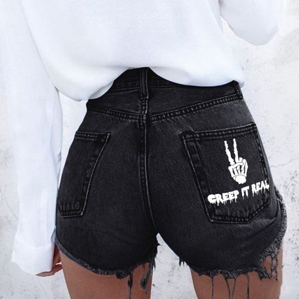 women's summer new high waisted ripped jeans pants street fashion retro wash personalized monoalphabetic print fringed shorts, White;black
women's summer new high waisted ripped jeans pants street fashion retro wash personalized monoalphabetic print fringed shorts, White;black