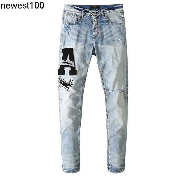 men's jeans amirs broken hole old letter designer sticker washing elastic slim fitting jeans, Blue
men's jeans amirs broken hole old letter designer sticker washing elastic slim fitting jeans, Blue