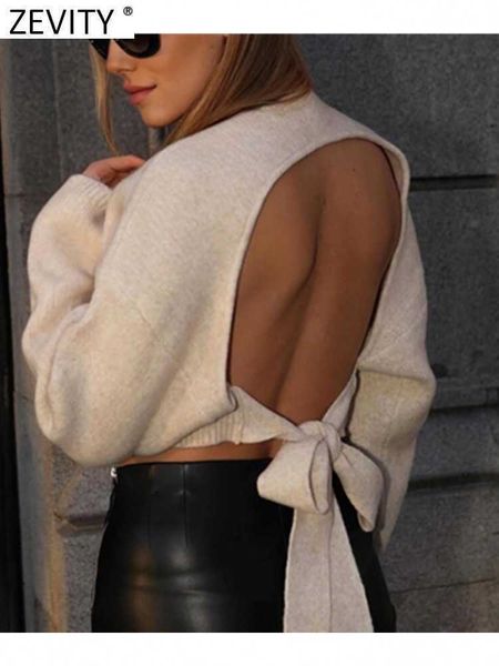 women's knits tees zevity new women o neck hem bow tied short knitting sweater femme chic backless bandage pullovers high street ladies, White 
women's knits tees zevity new women o neck hem bow tied short knitting sweater femme chic backless bandage pullovers high street ladies, White