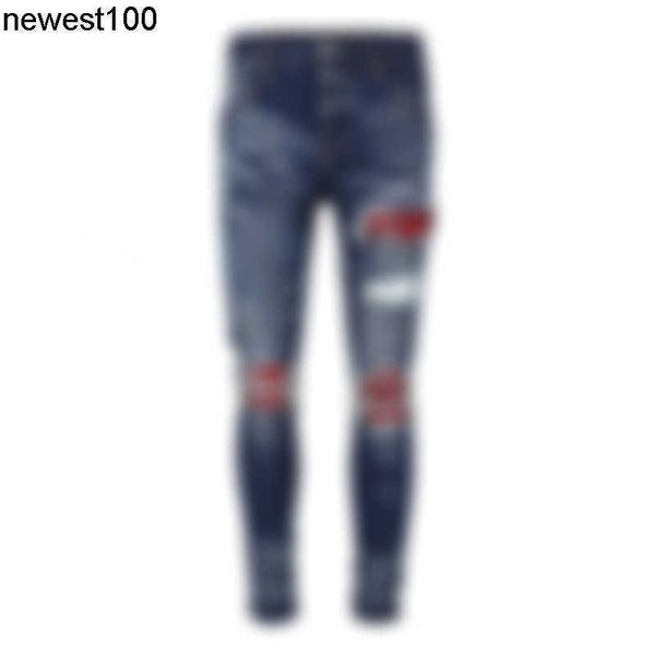 men's jeans designer amirs men's jeans light blue red leather double knee hole cutting jeans
men's jeans designer amirs men's jeans light blue red leather double knee hole cutting jeans