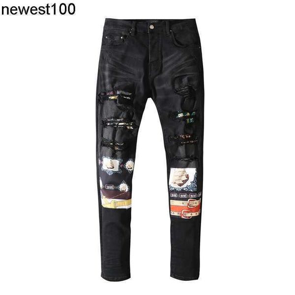 men's jeans amirs designer hole patch beggar black slim fit small foot elastic jeans men, Blue
men's jeans amirs designer hole patch beggar black slim fit small foot elastic jeans men, Blue