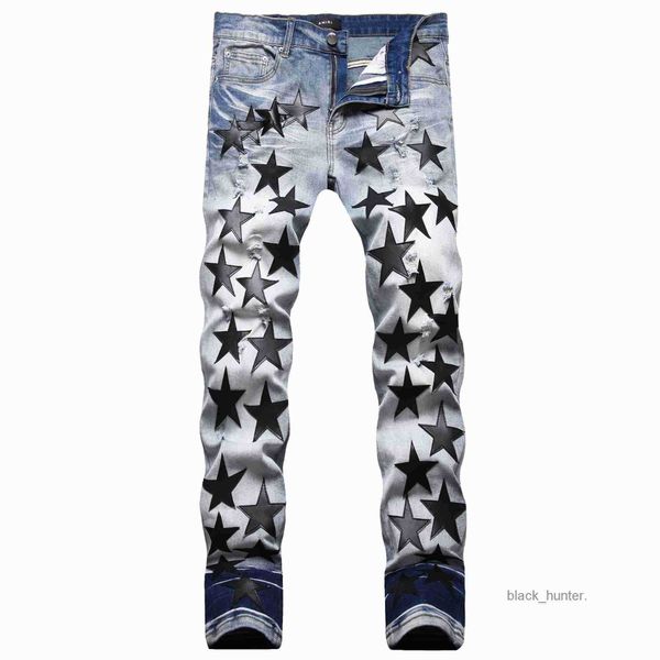 men's jeans amirs designer fashion brand slim elastic embroidery five pointed star cat whisker whitening men torn jeans, Blue
men's jeans amirs designer fashion brand slim elastic embroidery five pointed star cat whisker whitening men torn jeans, Blue