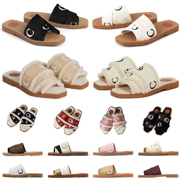 

men women slides sandals designer slippers woody flat mule in canvas shearling-lined white black grey fur mens summer sandal fashion beach