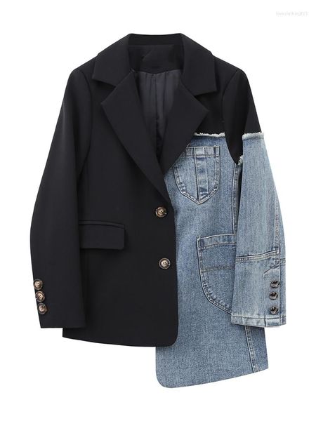 women's jackets patchwork denim blazer for women notched long sleeve hit color irregular female autumn clothing fashion 2022, Black;brown
women's jackets patchwork denim blazer for women notched long sleeve hit color irregular female autumn clothing fashion 2022, Black;brown