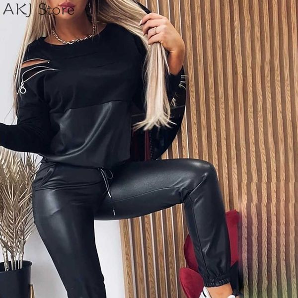 women's two piece pants women o neck zipper design pu leather long sleeve drawstring pants set two piece suit t221012, White
women's two piece pants women o neck zipper design pu leather long sleeve drawstring pants set two piece suit t221012, White