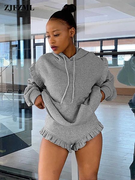 women's two piece pants sense of design ruffles spliced 2 piece short sets women grey hooded long sleeve hoodies and undefined v-shape, White
women's two piece pants sense of design ruffles spliced 2 piece short sets women grey hooded long sleeve hoodies and undefined v-shape, White