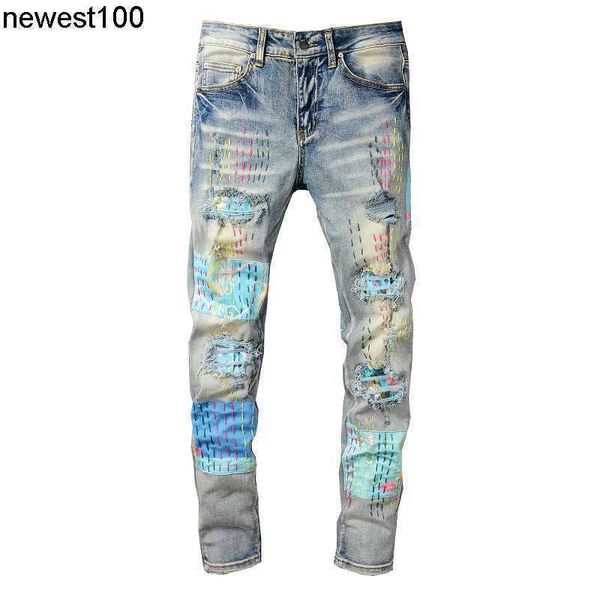 men's jeans trend designer jeans young men's amirs hole patch color line elastic slim fitting jeans, Blue
men's jeans trend designer jeans young men's amirs hole patch color line elastic slim fitting jeans, Blue