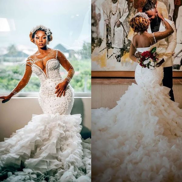 pearls mermaid wedding dresses sheer neck bridal gown custom made jewel tiered ruffles luxury wedding gowns, White
pearls mermaid wedding dresses sheer neck bridal gown custom made jewel tiered ruffles luxury wedding gowns, White