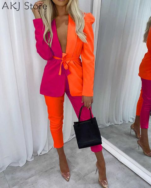 women's two piece pants woman elegant office ladies colorblock tie front blazer pants set t221012, White
women's two piece pants woman elegant office ladies colorblock tie front blazer pants set t221012, White
