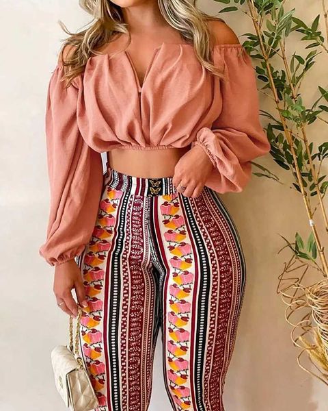 women's two piece pants women fashion off shoulder long sleeve ruched crop tribal print pants set two piece summer holiday long pants s, White
women's two piece pants women fashion off shoulder long sleeve ruched crop tribal print pants set two piece summer holiday long pants s, White