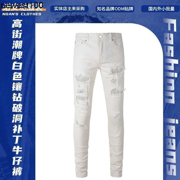 men's jeans amirs designer jeans white diamond set hole patch elastic slim fitting jeans, Blue
men's jeans amirs designer jeans white diamond set hole patch elastic slim fitting jeans, Blue
