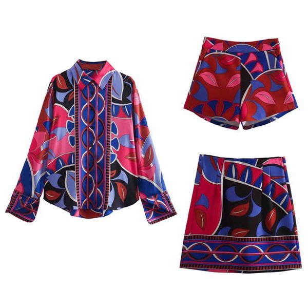 women's two piece pants women's 2022 fashion new printed drape shirt retro button down female chic high waist mini skirt shorts th, White 
women's two piece pants women's 2022 fashion new printed drape shirt retro button down female chic high waist mini skirt shorts th, White