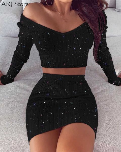 women's two piece pants women long sleeve glitter off shoulder crop skirt sets t221012, White
women's two piece pants women long sleeve glitter off shoulder crop skirt sets t221012, White