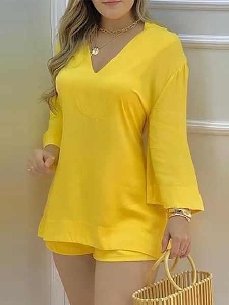 women's two piece pants plain bell sleeve v-neck shorts set casual women two piece set t221012, White
women's two piece pants plain bell sleeve v-neck shorts set casual women two piece set t221012, White