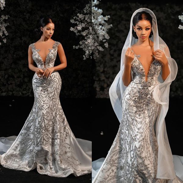 vintage crystal mermaid wedding dresses luxurious deep v neck bridal gown sleeveless applique lace dress arabic aso ebi, White
vintage crystal mermaid wedding dresses luxurious deep v neck bridal gown sleeveless applique lace dress arabic aso ebi, White