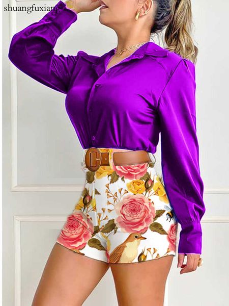 women's two piece pants elegant office lady shirt shorts sets autumn long sleeve shirts shorts two piece sets summer casual print belt, White
women's two piece pants elegant office lady shirt shorts sets autumn long sleeve shirts shorts two piece sets summer casual print belt, White