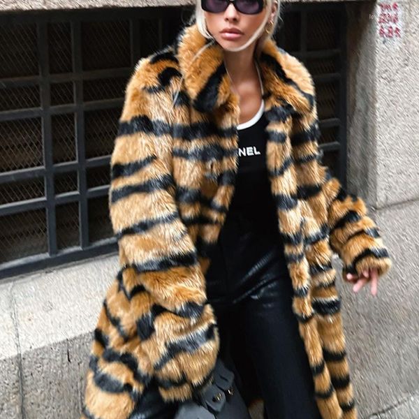 women's fur fashion lapel long sleeve runway coat 2022 winter warm thick tiger pattern fluffy faux women chic design jackets, Black
women's fur fashion lapel long sleeve runway coat 2022 winter warm thick tiger pattern fluffy faux women chic design jackets, Black