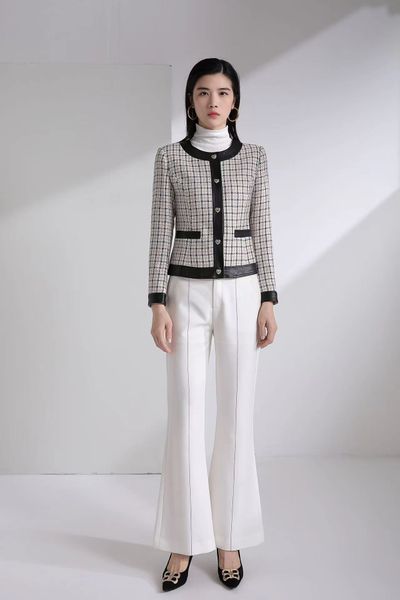 high-quality temperament fur leather piping plaid blazer round-neck for office lady, White;black
high-quality temperament fur leather piping plaid blazer round-neck for office lady, White;black
