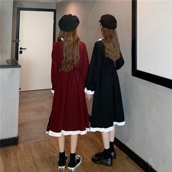 casual dresses dress women korean style christmas vintage all-match sweet knee-length birthday vestido mujer autumn bow ruffled collar, Black;gray 
casual dresses dress women korean style christmas vintage all-match sweet knee-length birthday vestido mujer autumn bow ruffled collar, Black;gray