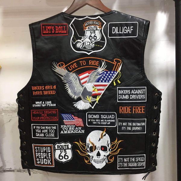 men's autumn new sheepskin sleeveless vest with street fashion personality motorcycle embroidery badge stickers cycling coat, Black;white
men's autumn new sheepskin sleeveless vest with street fashion personality motorcycle embroidery badge stickers cycling coat, Black;white