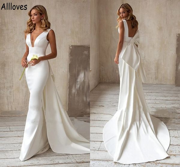 v neck simple satin mermaid wedding dresses with overskirts big bow elegant boho garden bridal gowns fashion designer brides backless robes, White
v neck simple satin mermaid wedding dresses with overskirts big bow elegant boho garden bridal gowns fashion designer brides backless robes, White
