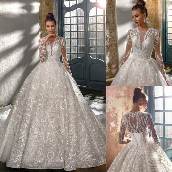lace ball gown wedding dresses sheer jewel neck beaded bridal gowns with long sleeves sequined chapel train vestido de novia, White
lace ball gown wedding dresses sheer jewel neck beaded bridal gowns with long sleeves sequined chapel train vestido de novia, White