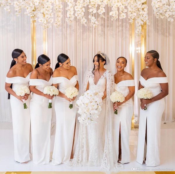 white off the shoulder satin long bridesmaid dresses ruched split sweep train wedding guest maid of honor dresses, White;pink
white off the shoulder satin long bridesmaid dresses ruched split sweep train wedding guest maid of honor dresses, White;pink