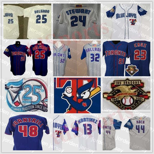 Image of Baseball Jerseys NEW College Baseball Wears 2001 Blue jay 25th Anniversary Patch Baseball Jerseys 10 Vernon Wells 23 Jose Cruz 25 Carlos Delgado Chris Carpen