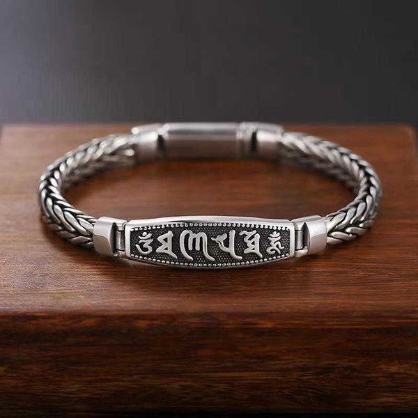 beaded strands hx silver color domineering fashion men's six-character mantra bracelet weaving trendy design trend retro thai silver ni, Black