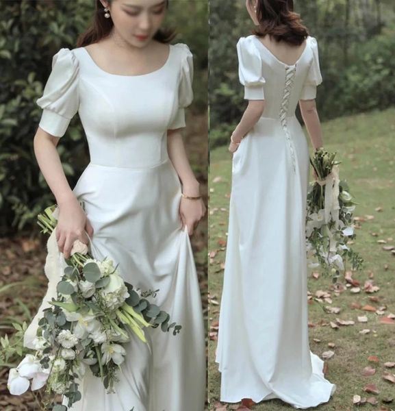 2023 short sleeves wedding dresses bridal gown beach country corset back satin square neck a line custom made plus size vestido de novia, White
2023 short sleeves wedding dresses bridal gown beach country corset back satin square neck a line custom made plus size vestido de novia, White