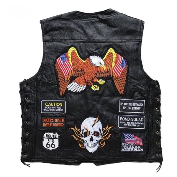 men's autumn winter new leather vest wear street fashion motorcycle personality skull embroidered badge v collar leather jacket, Black;white
men's autumn winter new leather vest wear street fashion motorcycle personality skull embroidered badge v collar leather jacket, Black;white