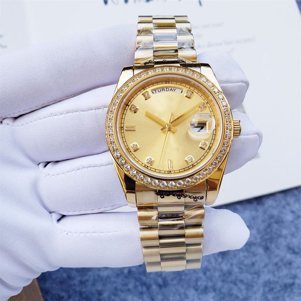 luxury diamond bezel automatic gold watch stainless steel waterproof 36mm dial dual calendar wristwatch, Slivery;brown
luxury diamond bezel automatic gold watch stainless steel waterproof 36mm dial dual calendar wristwatch, Slivery;brown